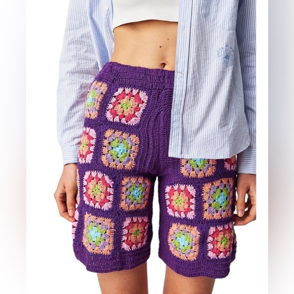 Free People Flook Kate Granny Square Hand Crochet Shorts NWT XS